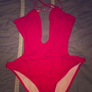 Deep plunge red swimsuit